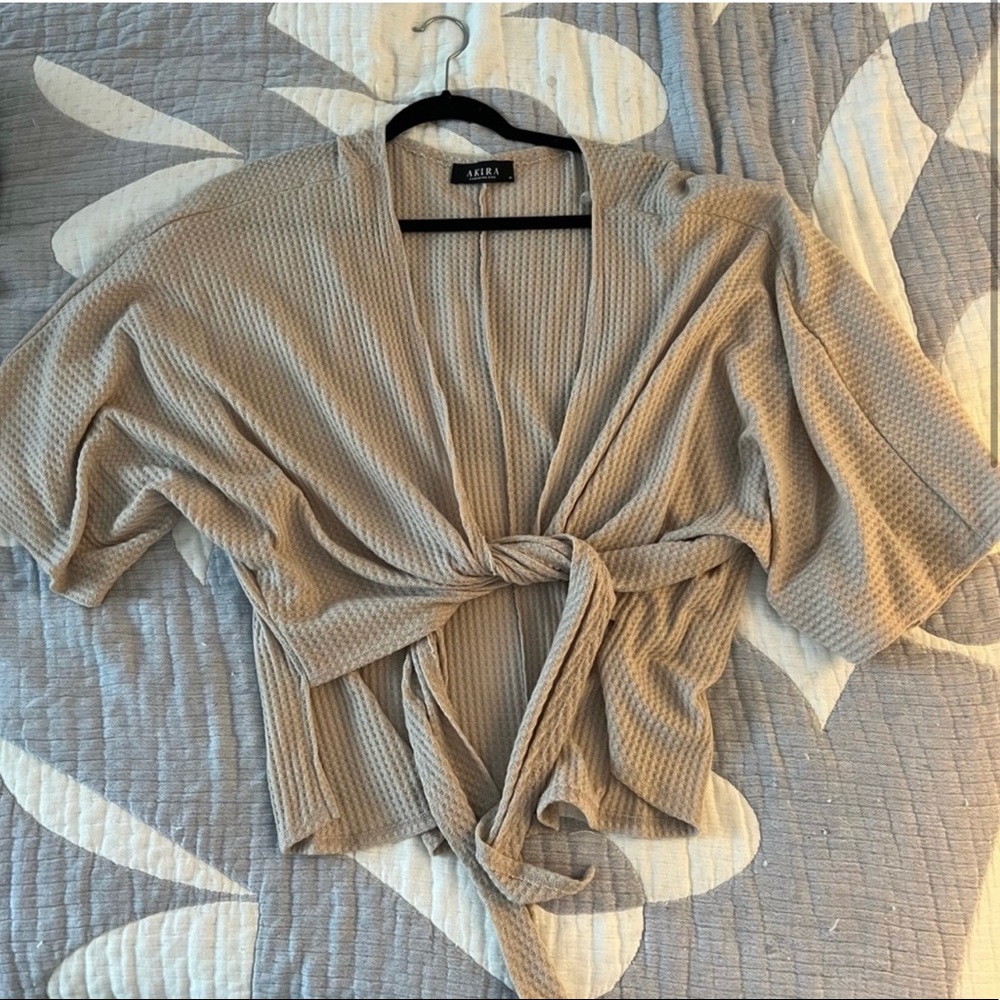 AKIRA Kimono Wrap Tie-front Sweater in Tan